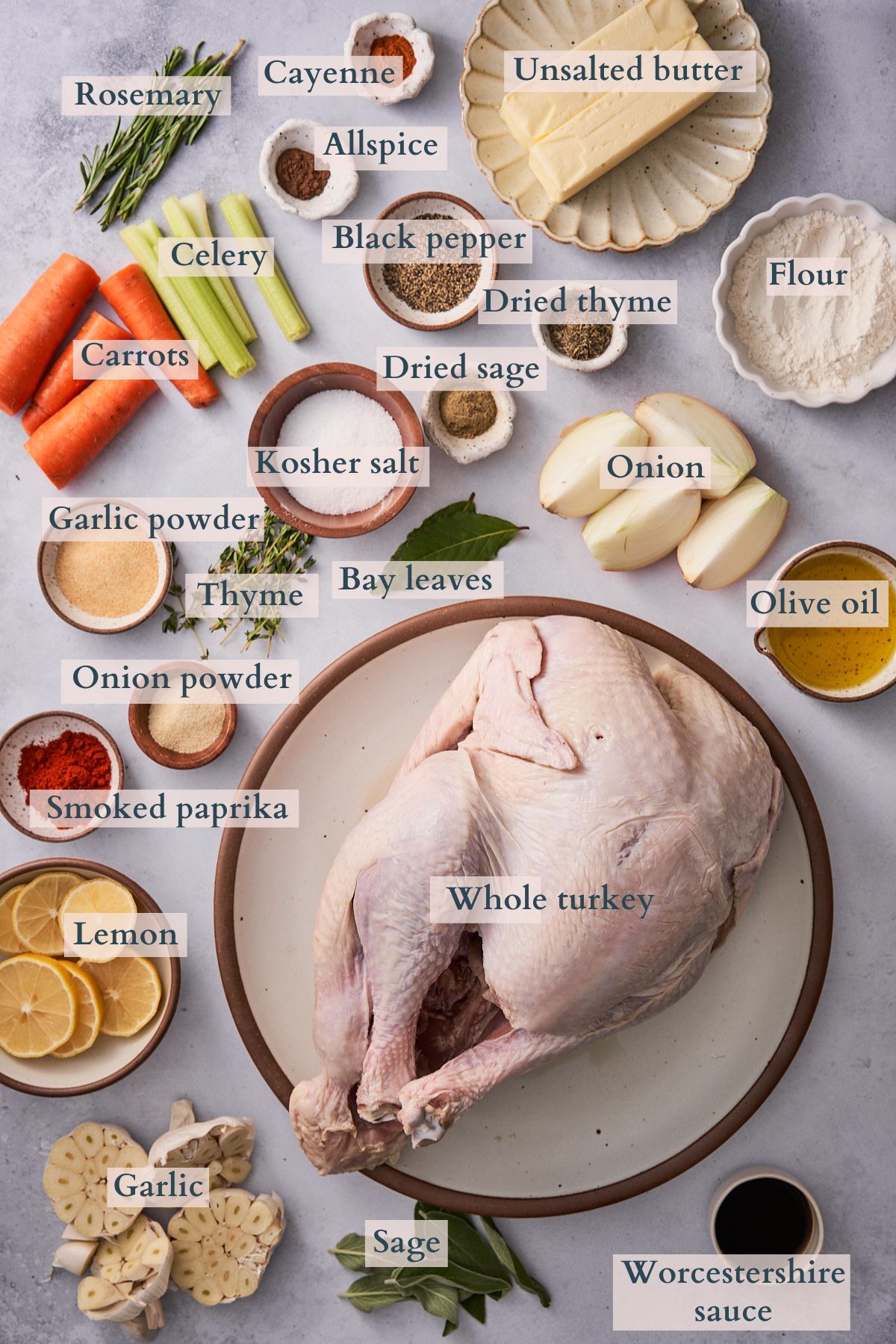 ingredients to make a buttery roast turkey with garlic, lemon, herbs, and spices. 