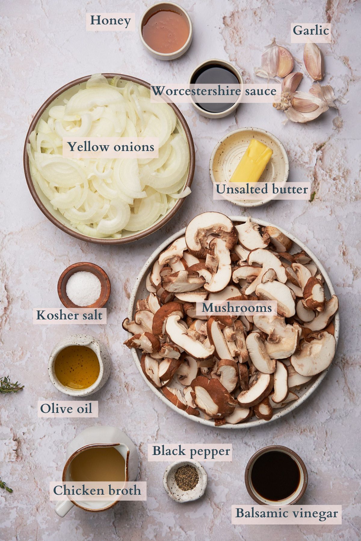 ingredients to make caramelized onions and mushrooms laid out in bowls with text overlaying to denote each ingredient. 