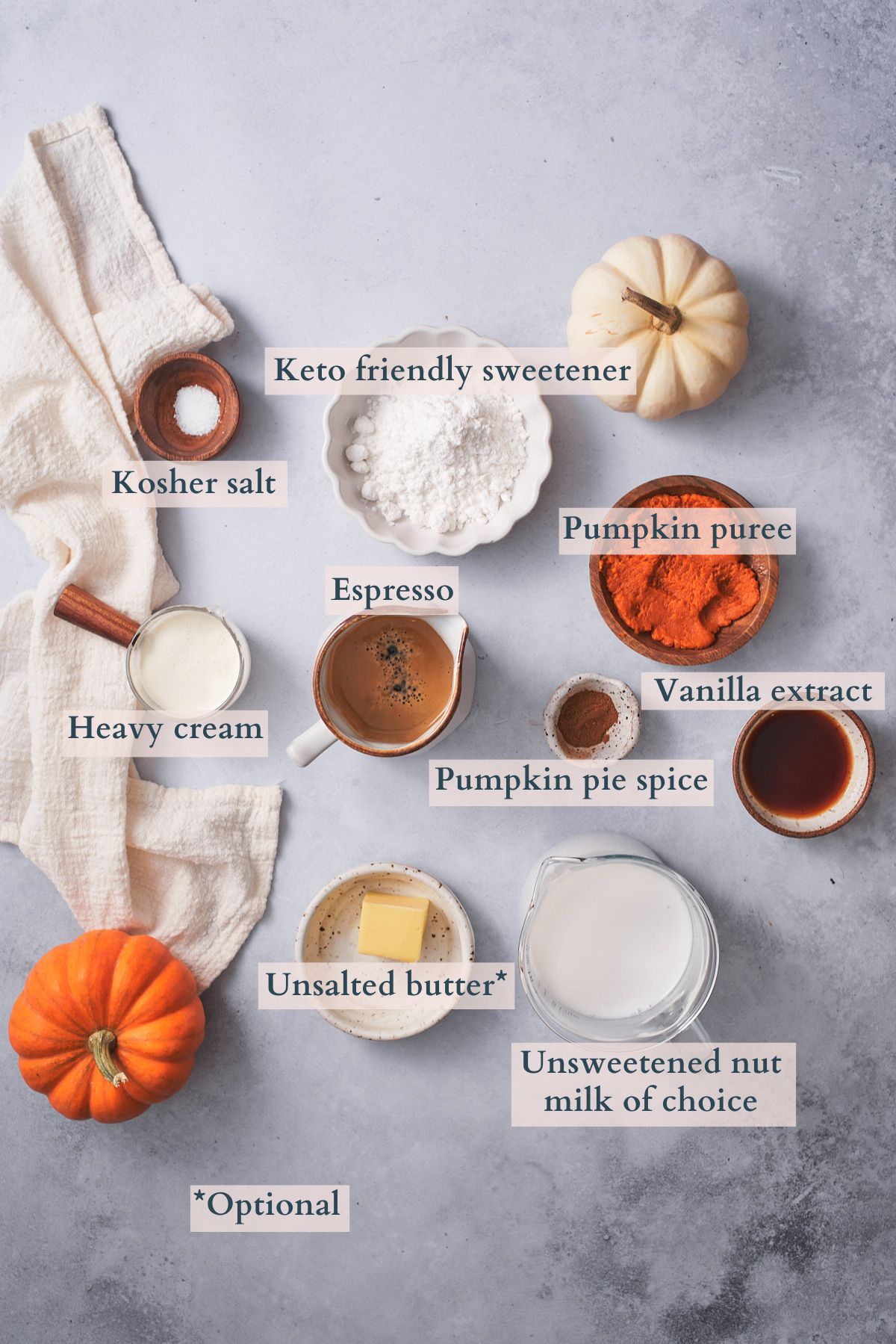 keto pumpkin spice latte ingredients with text overlaying to denote each ingredient. 
