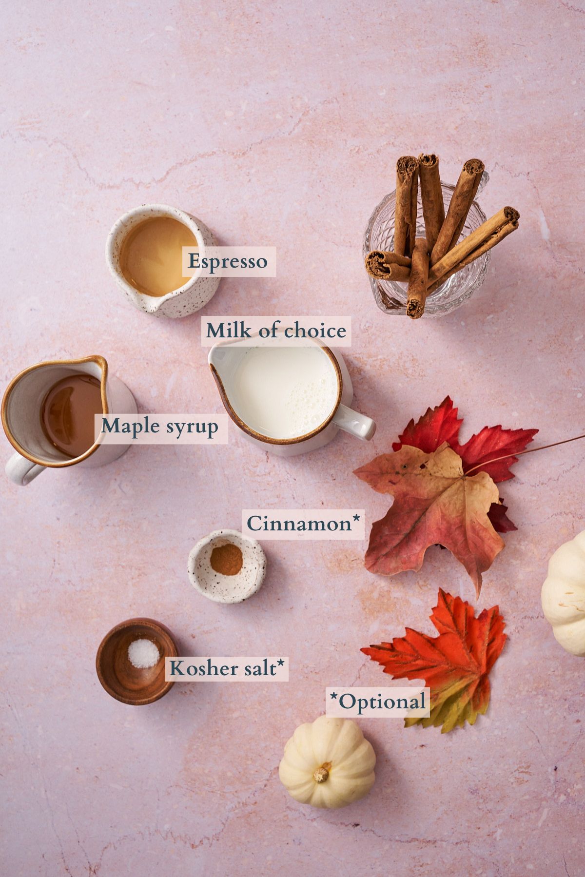 ingredients to make a maple latte, laid out on a table in small bowls with text overlaying to denote each ingredient. 