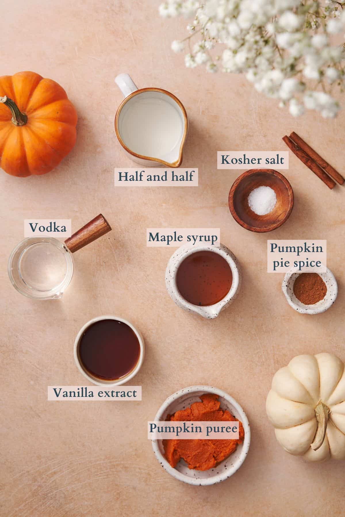 ingredients to make a pumpkin martini with text overlaying each ingredient. 