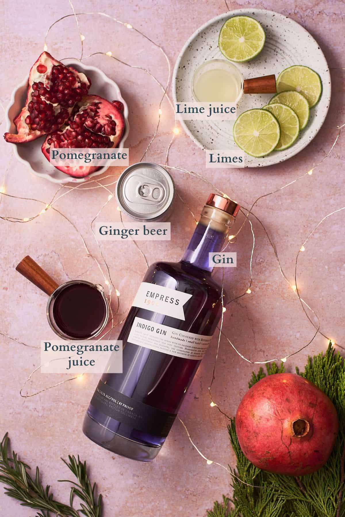 ingredients to make a pomegranate gin cocktail laid out in small bowls with text overlaying to denote each ingredient. 