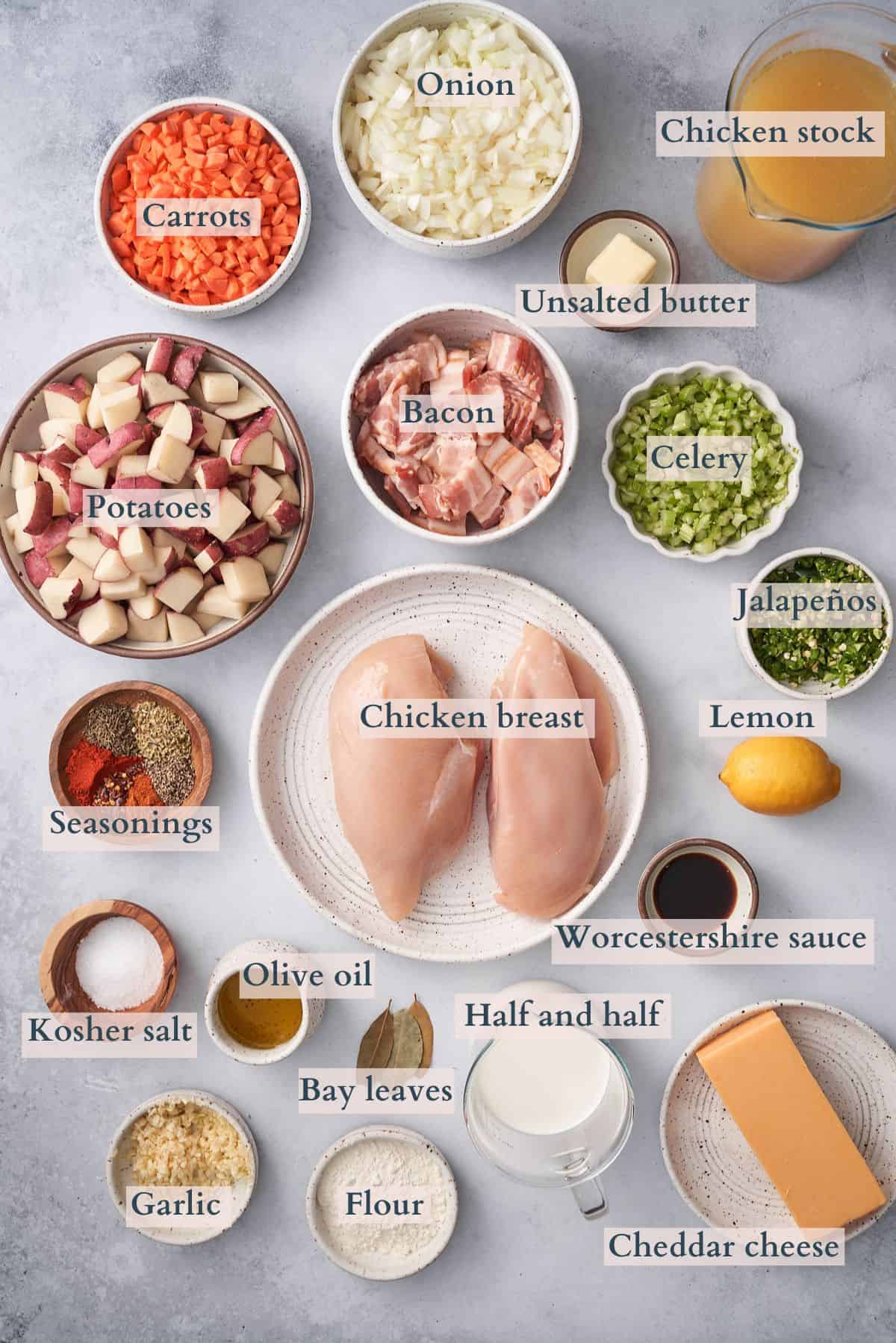 ingredients to make chicken and potato soup with text overlaying each ingredient to denote the ingredient.