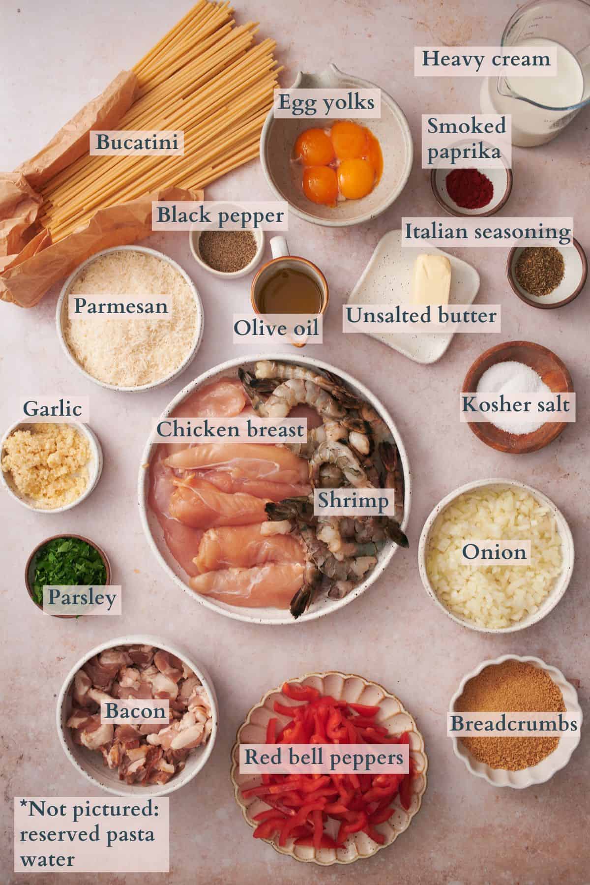 ingredients to make chicken and shrimp carbonara with all of the ingredients labeled to denote each one. 