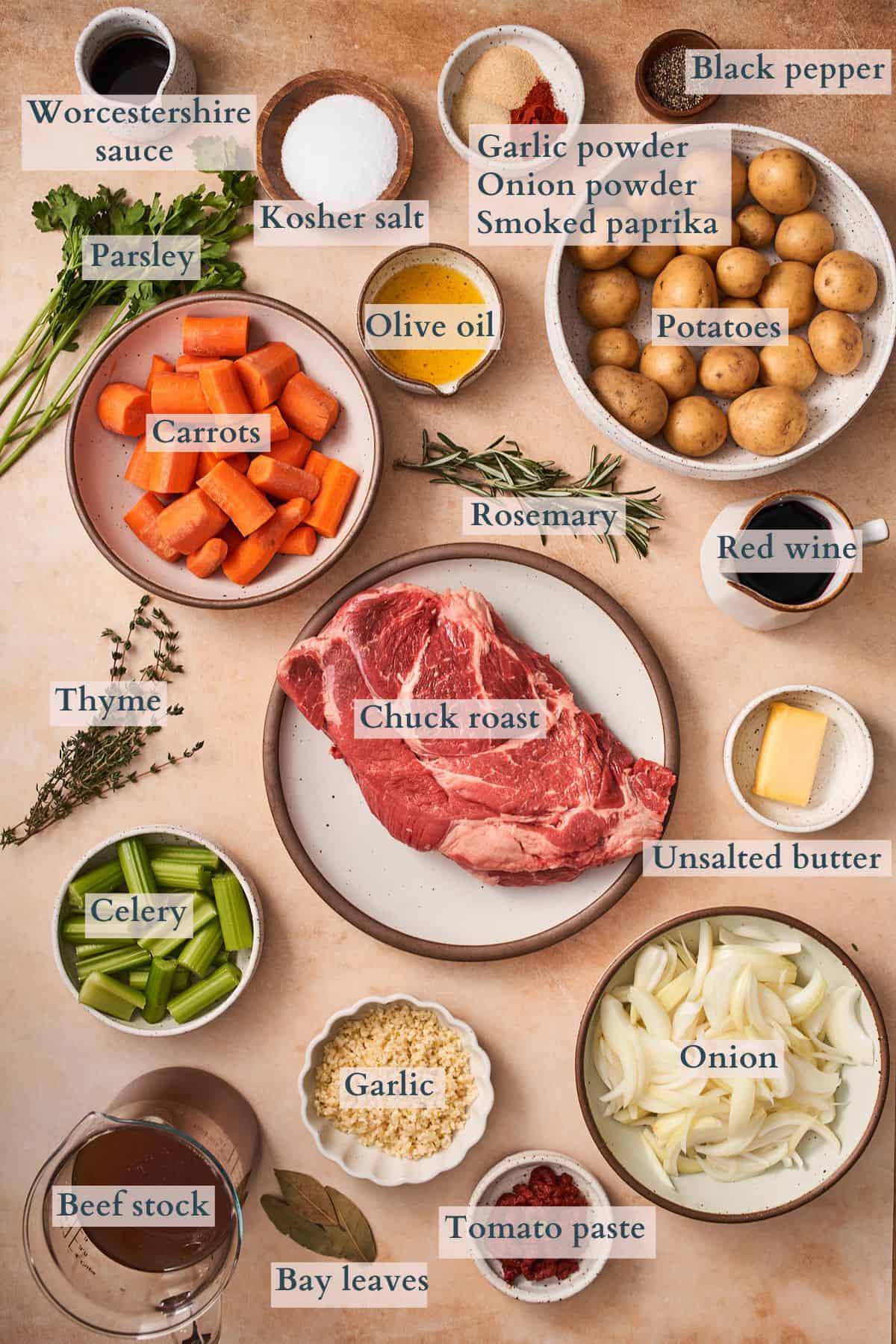 ingredients to make a dutch oven pot roast with text overlaying to denote each ingredient. 