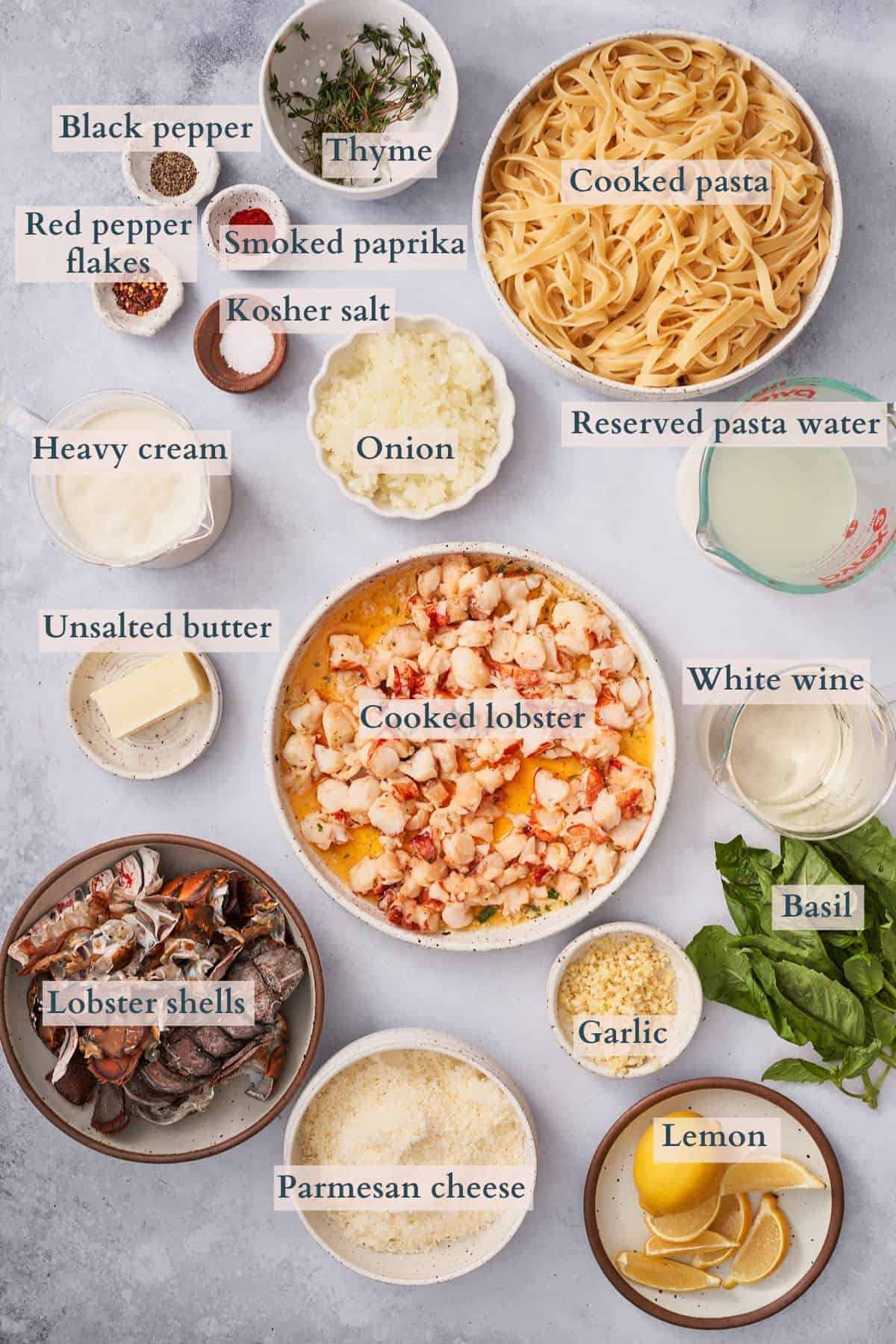 lobster pasta ingredients graphic with text overlaying to denote each ingredient. 