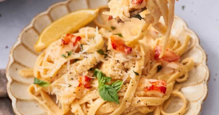 lobster pasta recipe on a fork