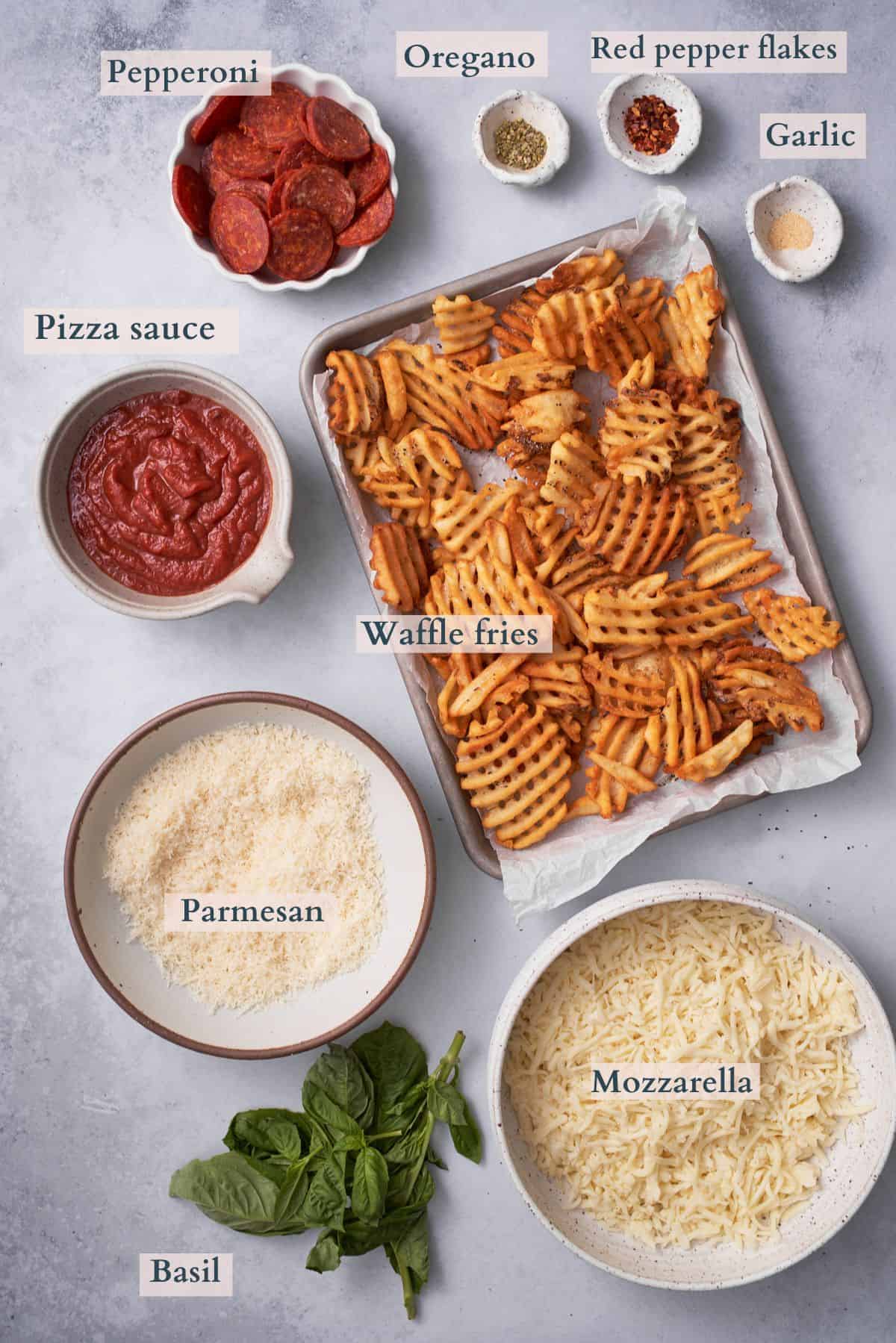 Pizza fries ingredients with text overlaying to denote each ingredient. 