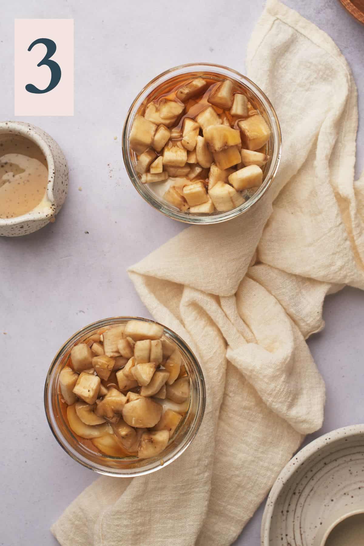 bananas, vanilla extract, and maple syrup added to a jar to make overnight oats. 