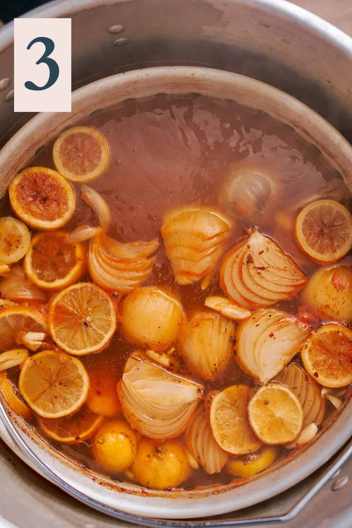 cooked lemons, garlic, and onions in a spicy broth.