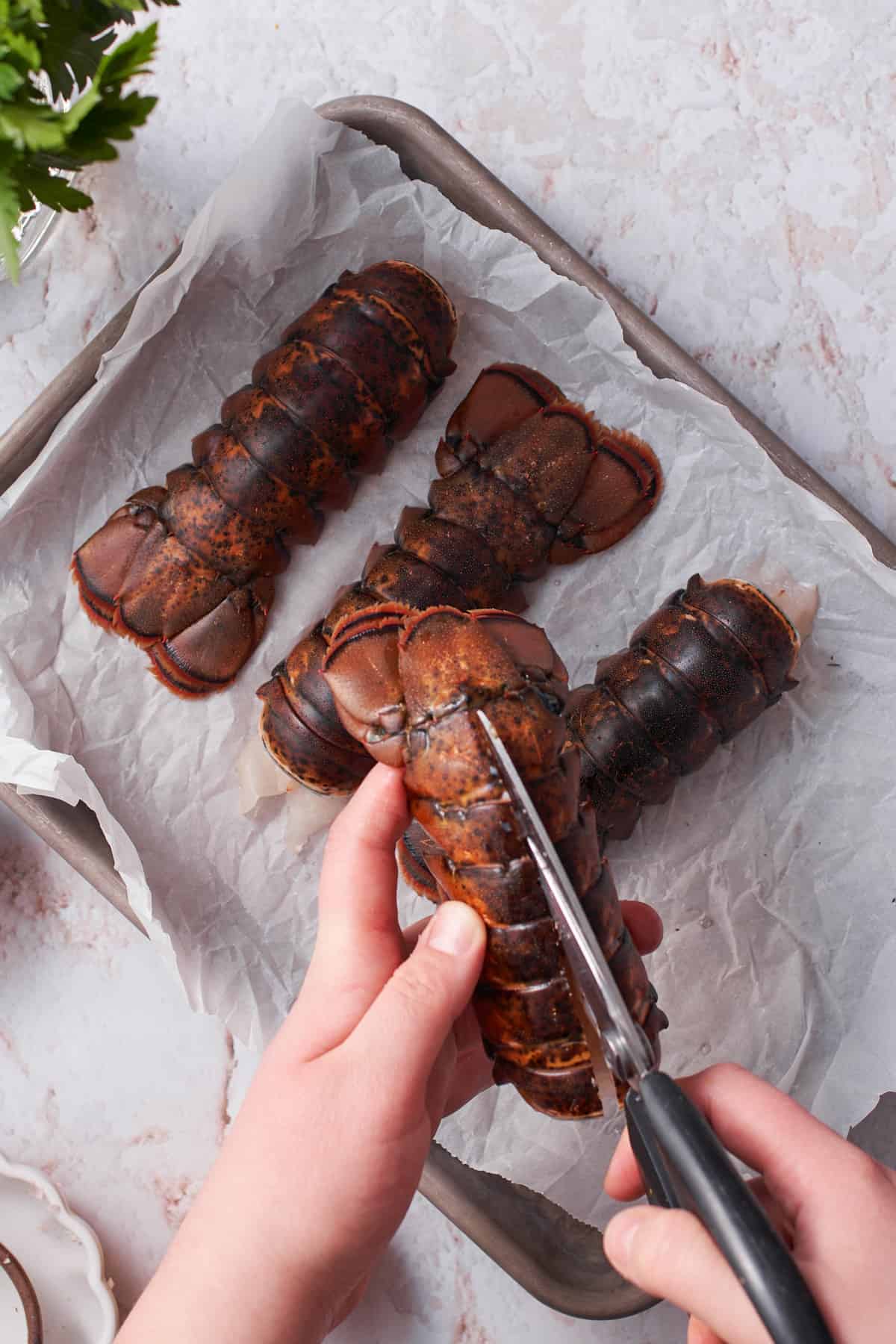 Hand cutting a lobster tail down the back of the shells with kitchen shears.