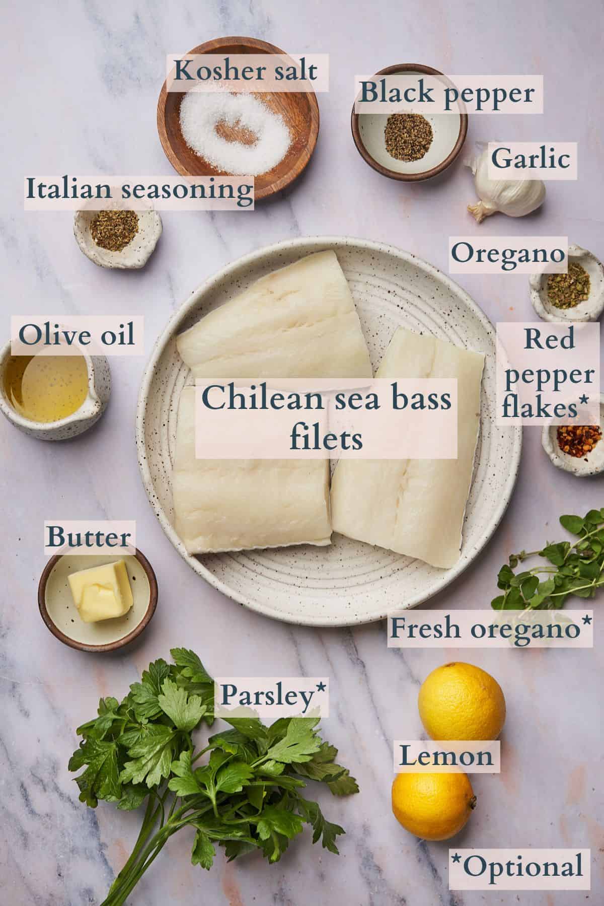 ingredients to make baked chilean sea bass laid out on small plate with text overlaying to denote each ingredient. 