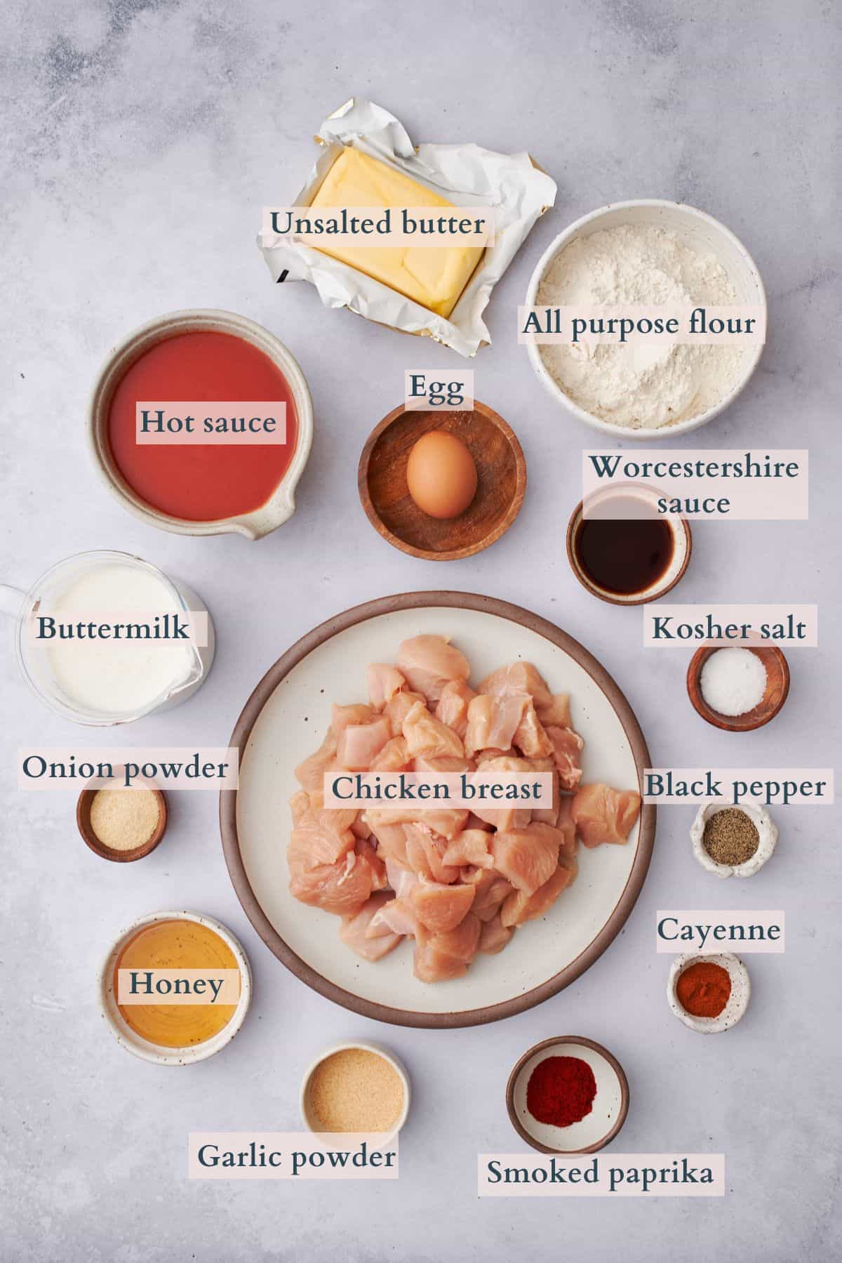 ingredients to make boneless chicken wings with text overlaying to denote each ingredient. 