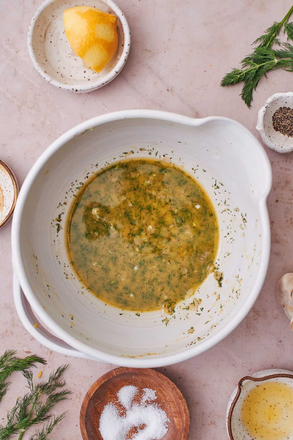 Salad dressing mixed and combined well in a large bowl.