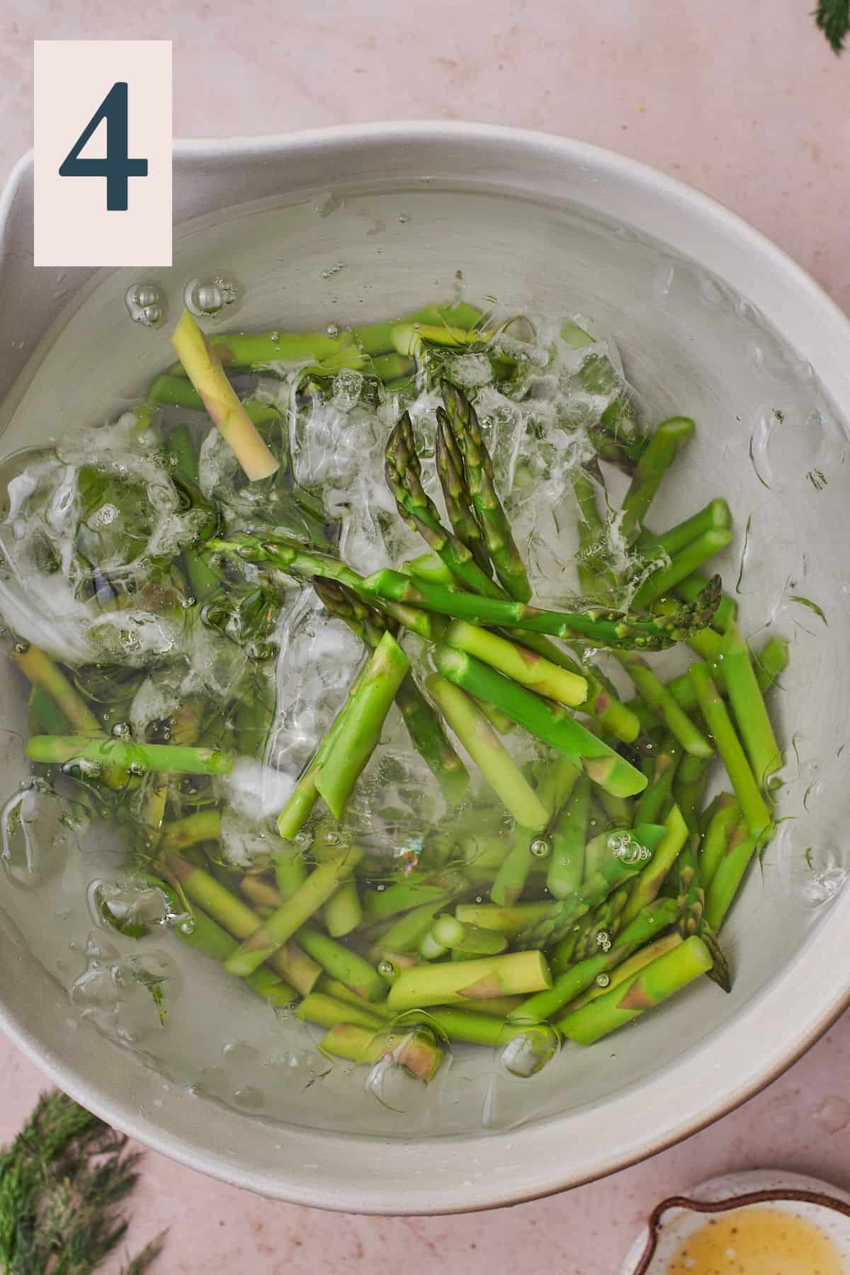Plunging cooked asparagus into an ice bath to blanch them.