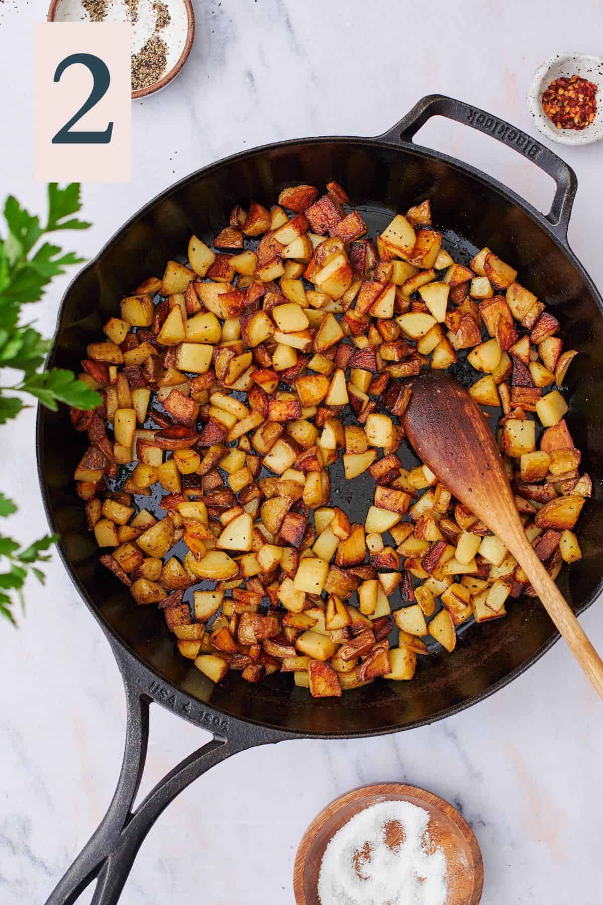 crispy, brown potatoes in a cast iron skillet. 