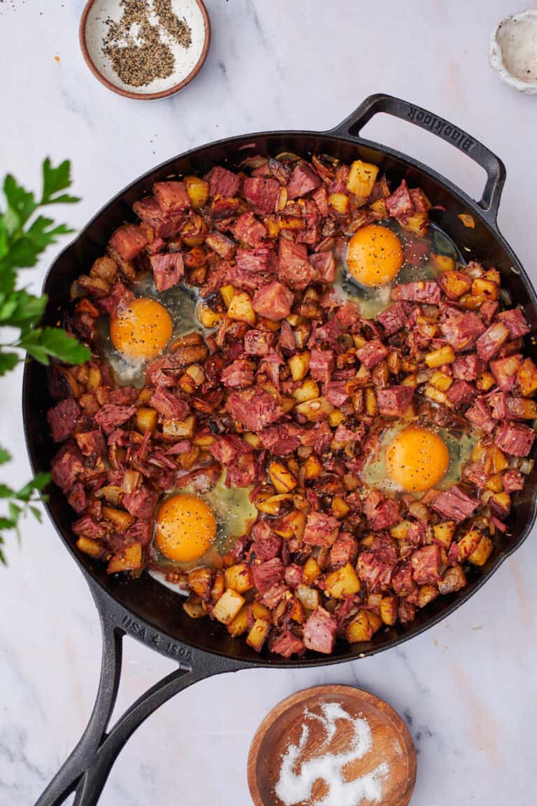Homemade Corned Beef Hash and Eggs (Crispy Skillet Recipe!) - A Full Living