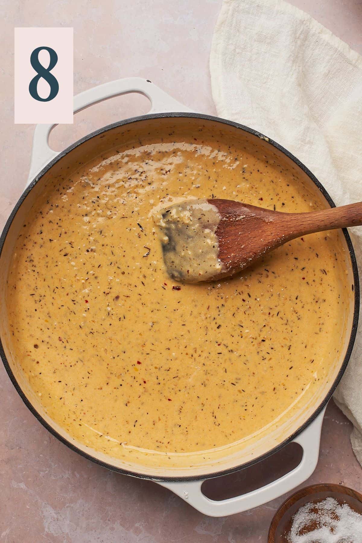 Creamy thickened pan sauce in an enameled cast iron skillet. 