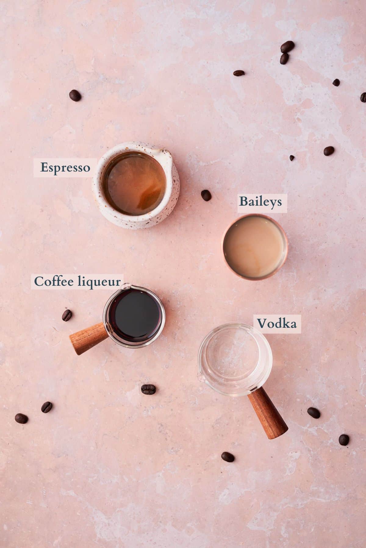 espresso martini with baileys ingredients graphic with text overlaying to denote each ingredient. 