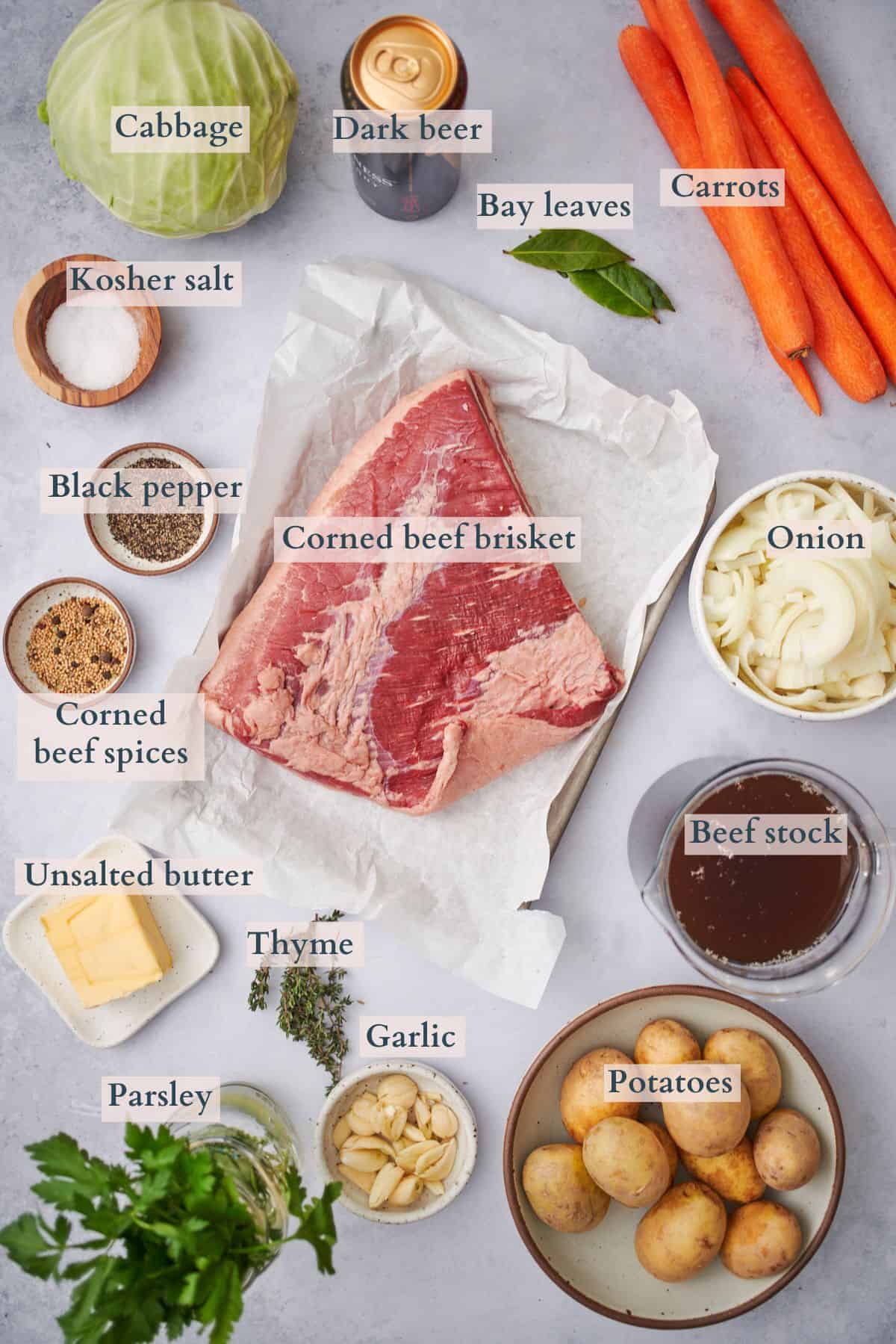 ingredients to make corned beef in the instant pot, with text overlaying to denote each ingredient. 