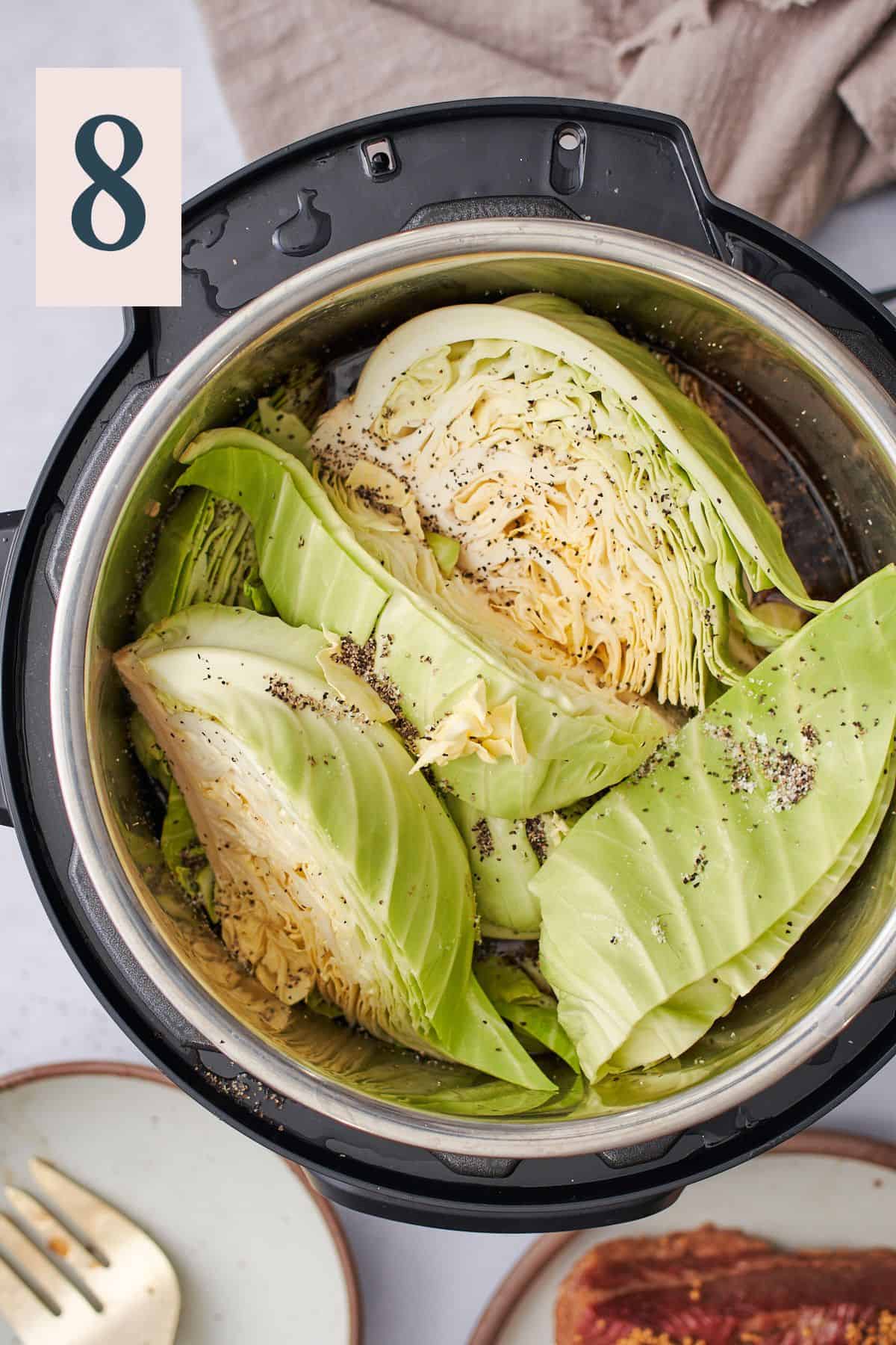 cabbage wedges in an instant pot with salt and pepper. 