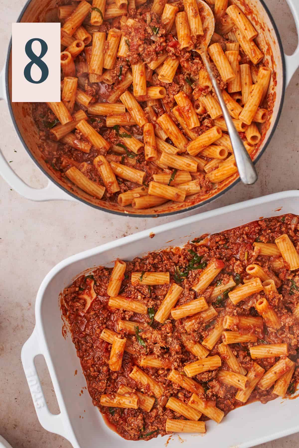 rigatoni tossed in meat sauce in a dutch oven, and in a rectangular baking dish with meat sauce.