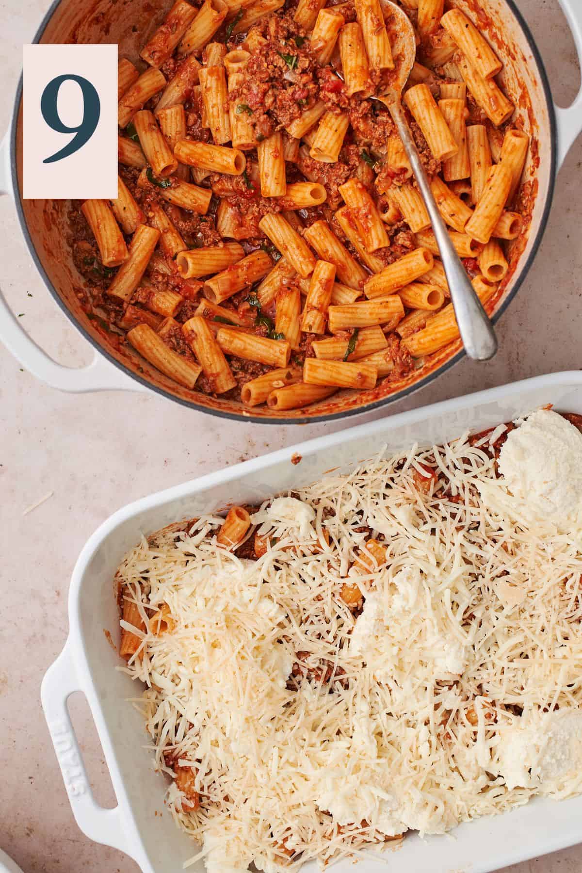 pasta and meat sauce in a baking dish, covered with cheeses, beside a dutch oven full of pasta tossed in meat sauce.