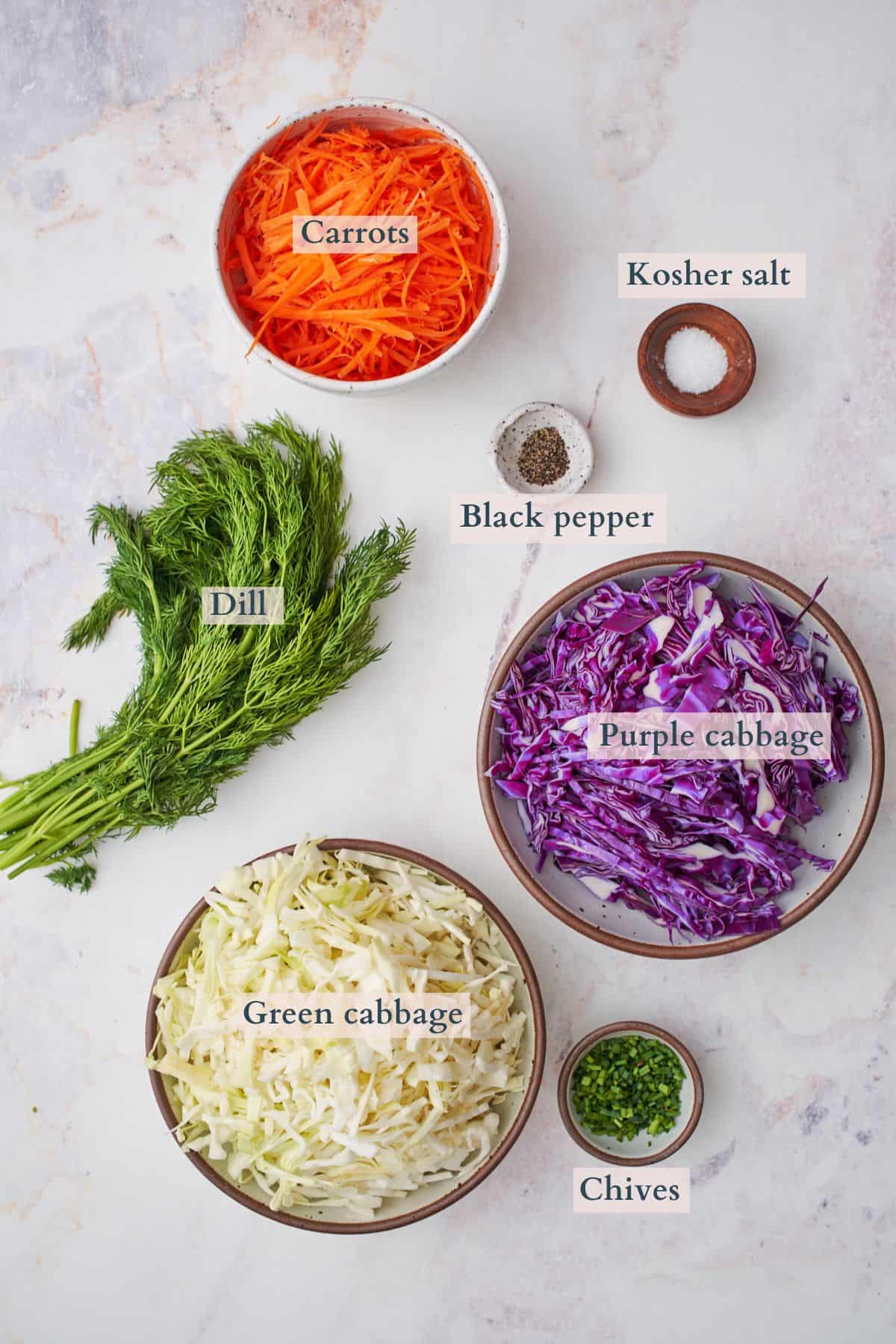 ingredients to make cabbage and carrot salad laid out in small bowls labeled to denote each ingredient. 
