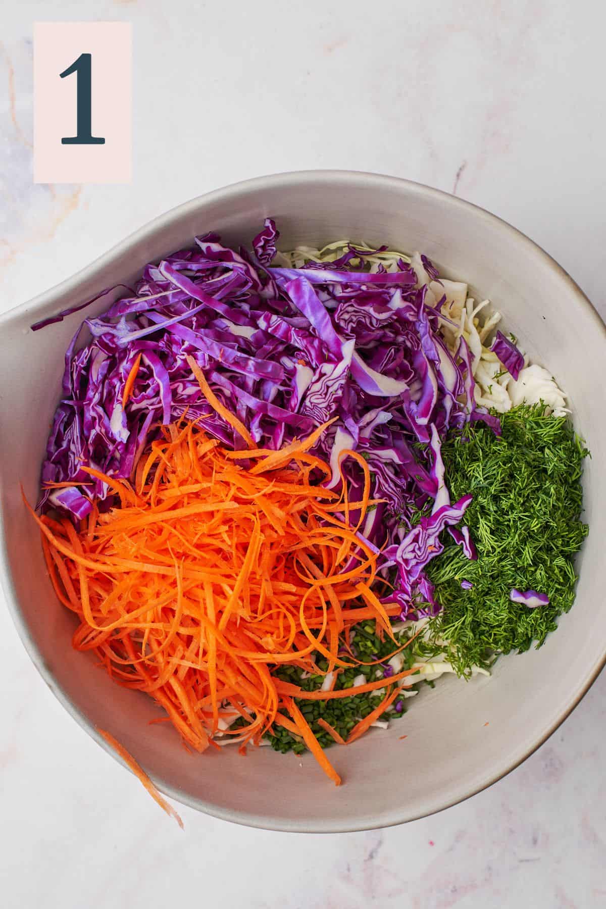 minced dill, chives, green cabbage, purple cabbage, and carrots in a bowl. 