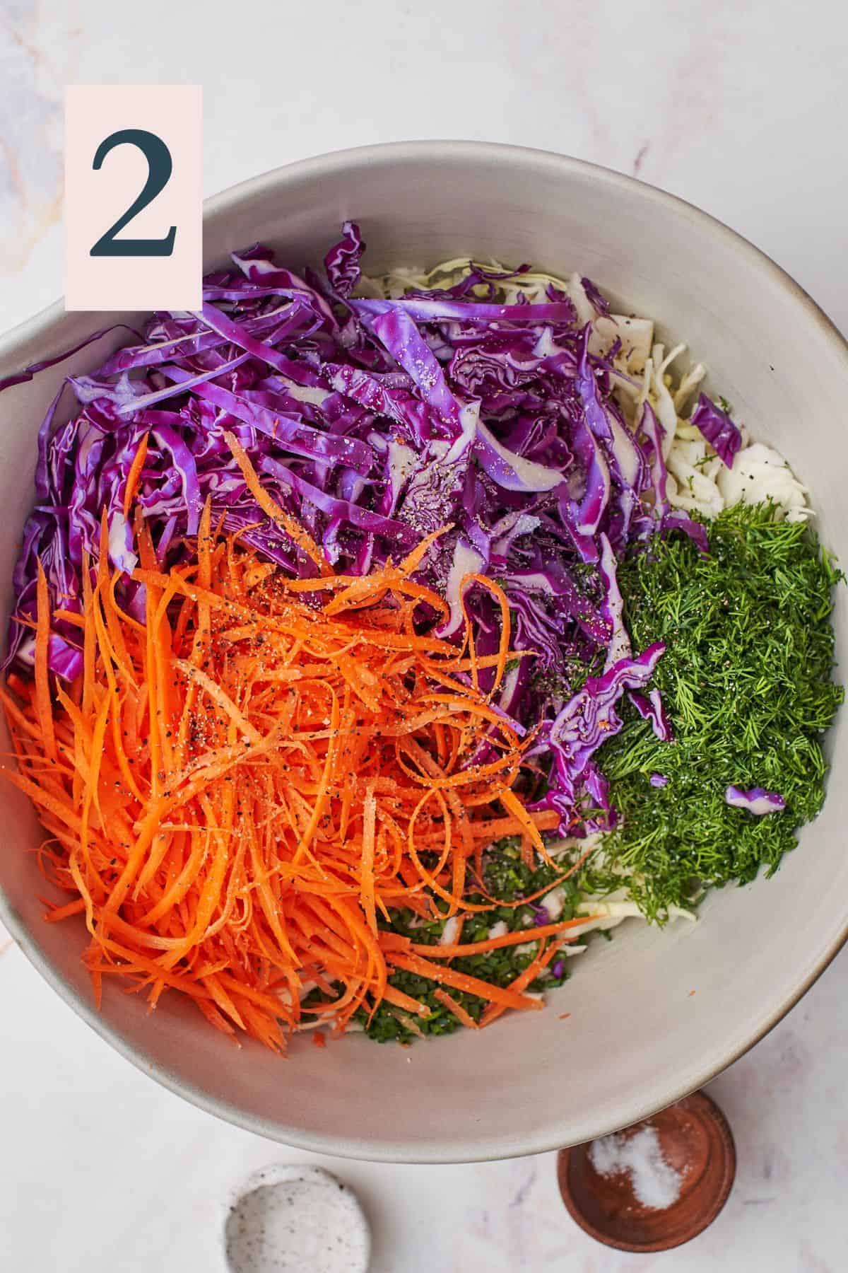 vibrant cabbage, carrots and herbs in a large bowl with salt and pepper. 