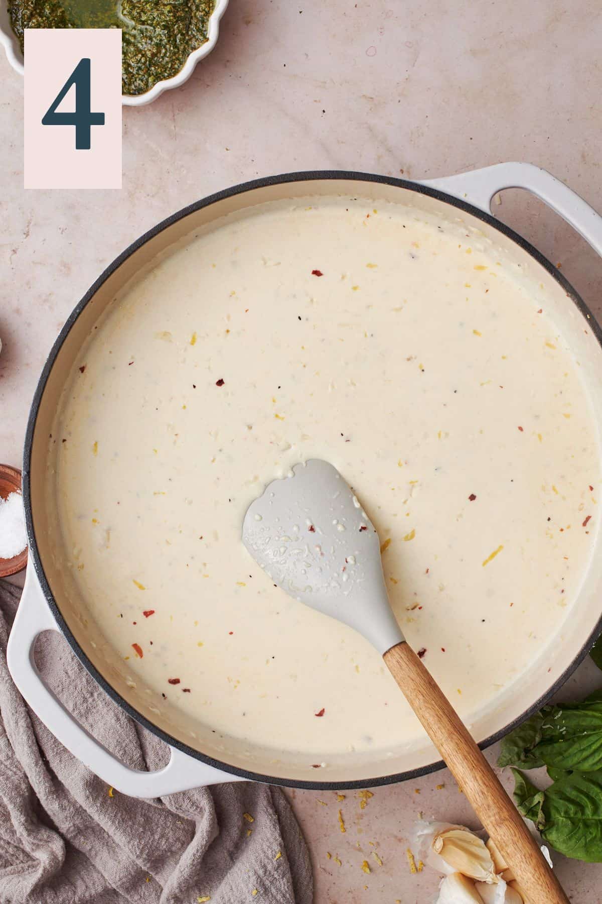 silky smooth parmesan cream sauce in a skillet. 
