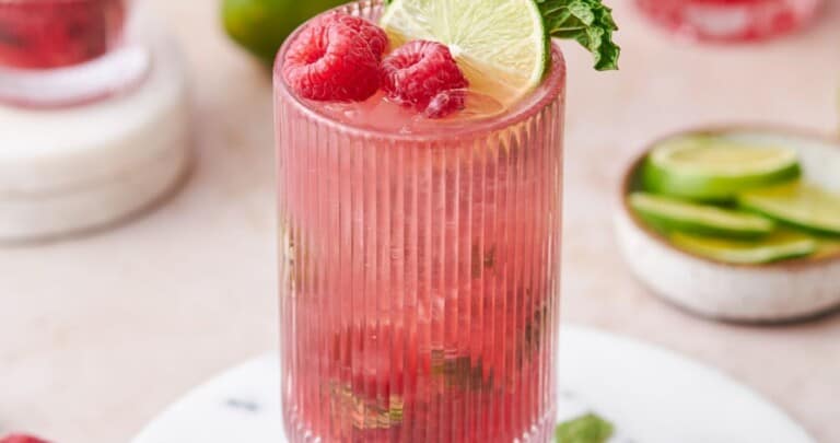 Raspberry Mojito garnished with mint, lime, and raspberries and shot at a shallow depth of field.