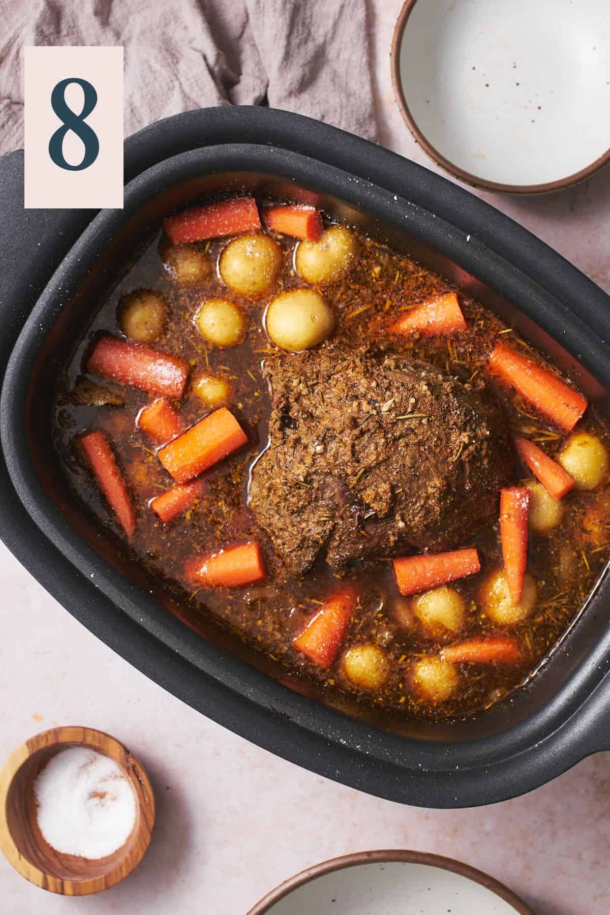 roast in a slow cooker with carrots, potatoes, and salt. 