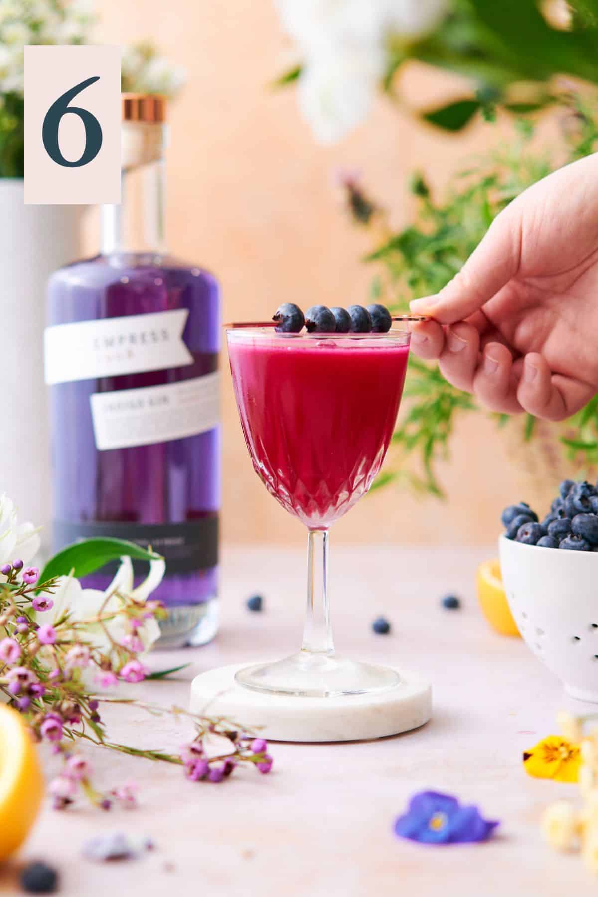 hand placing blueberries on a cocktail pic on top of a small cocktail, surrounded by Empress and other ingredients.