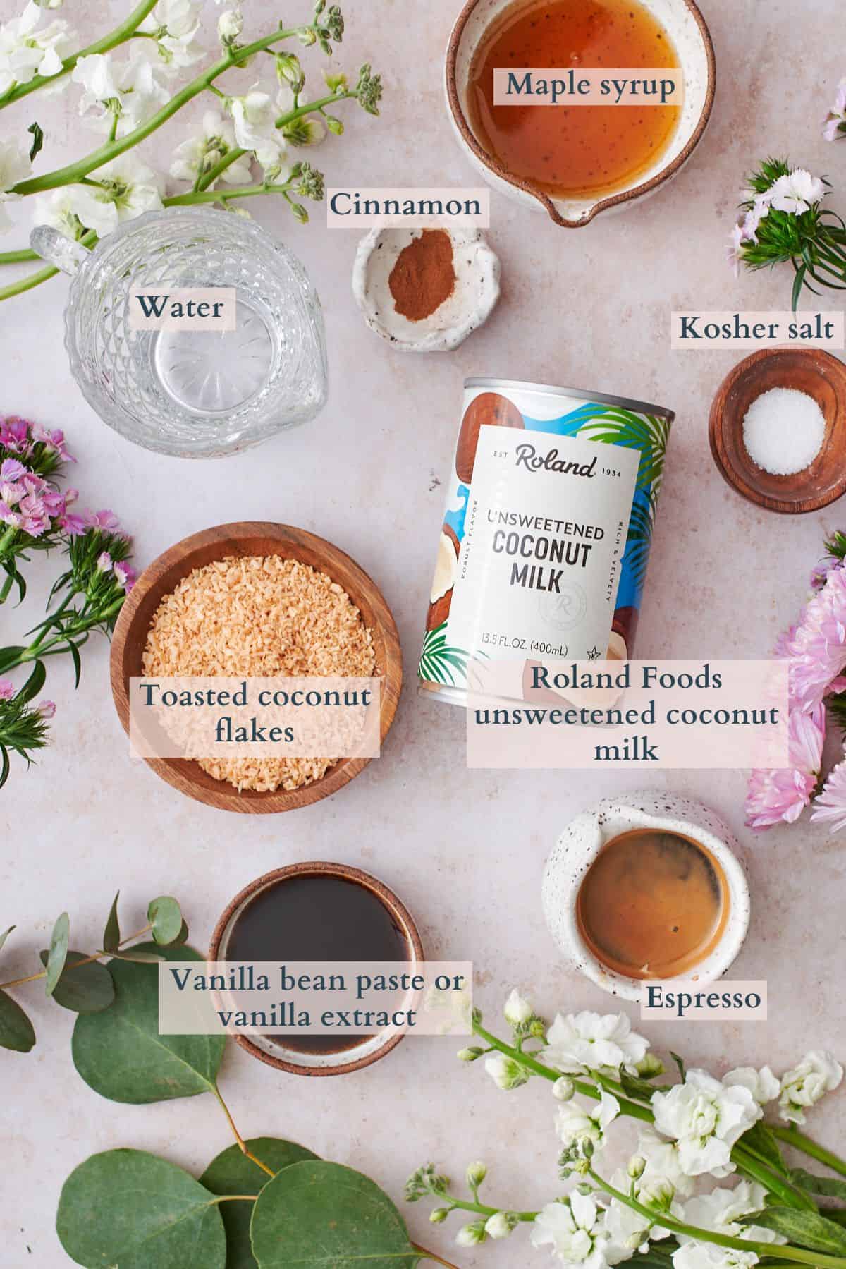 coconut latte ingredients with text to denote each ingredient. 