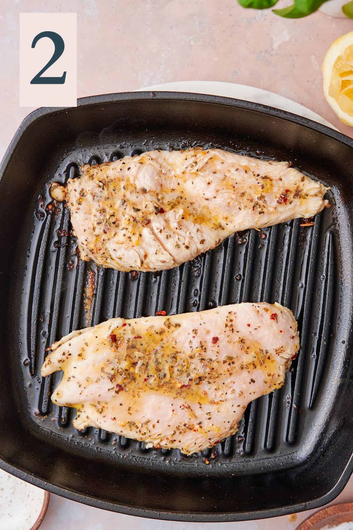 Searing chicken on fry pan with extra olive oil to create delicious sear marks.