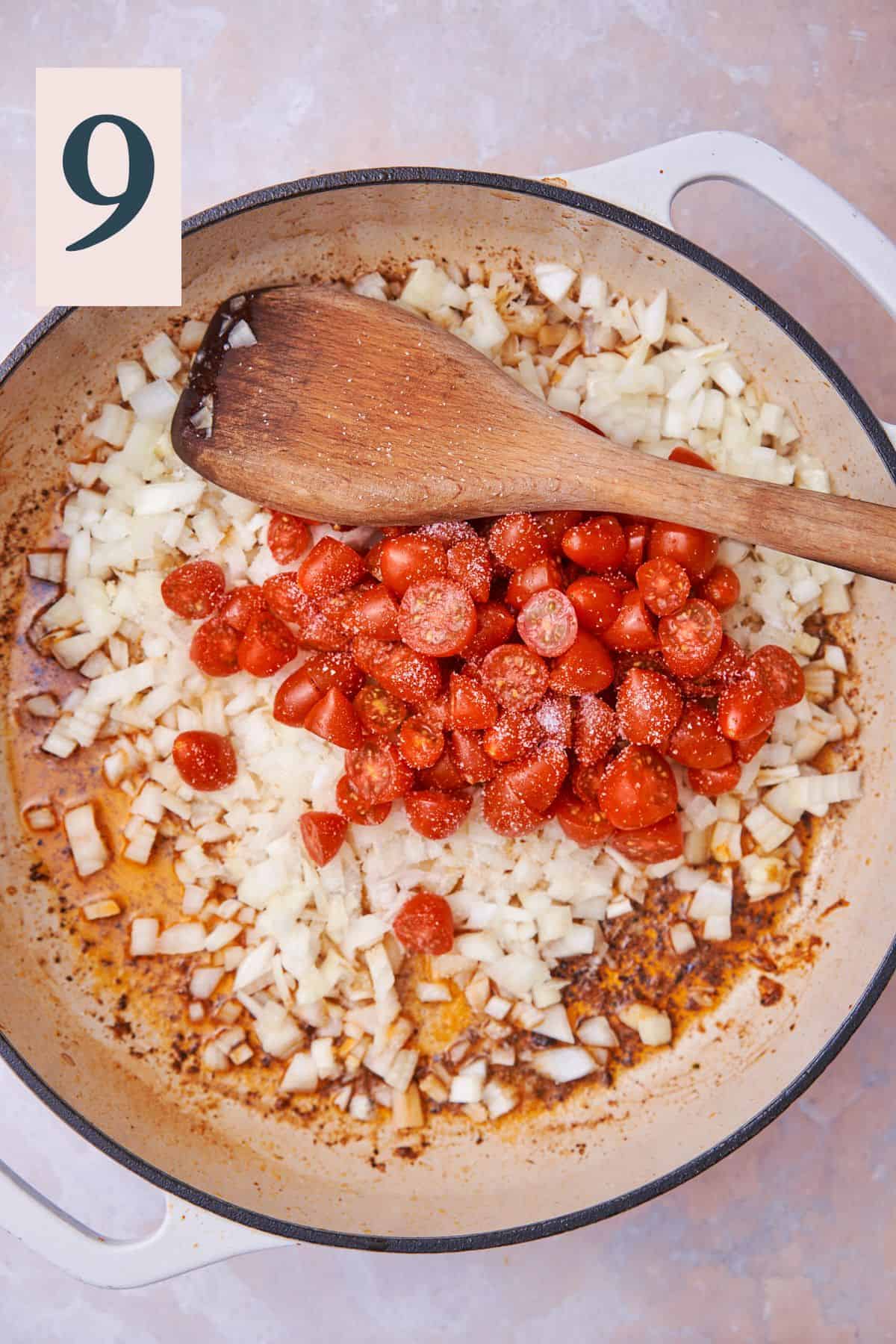 raw tomatoes and onions with salt in a large deep skillet with oil and butter.