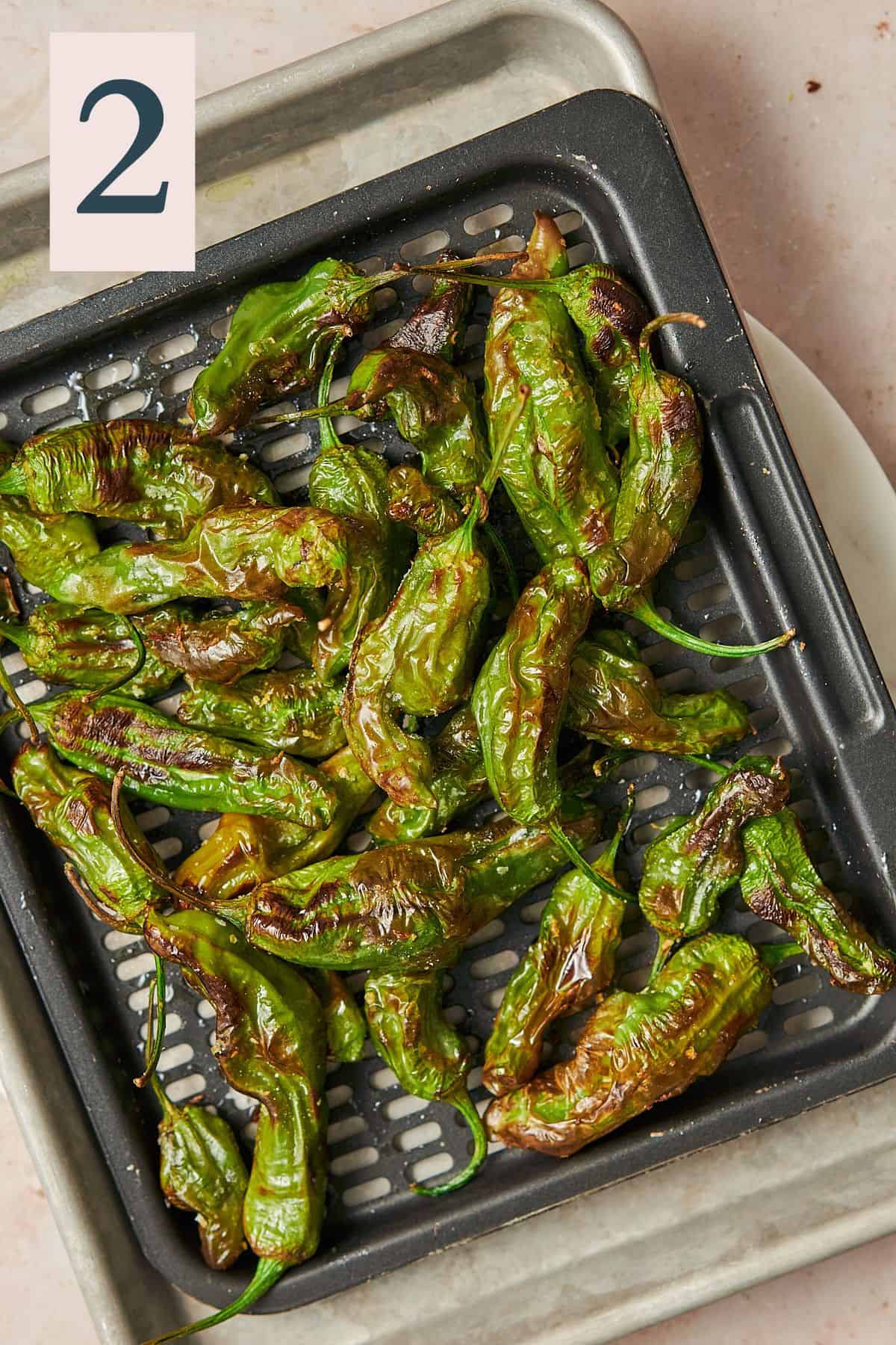blistered shishitos on an air fryer tray. 