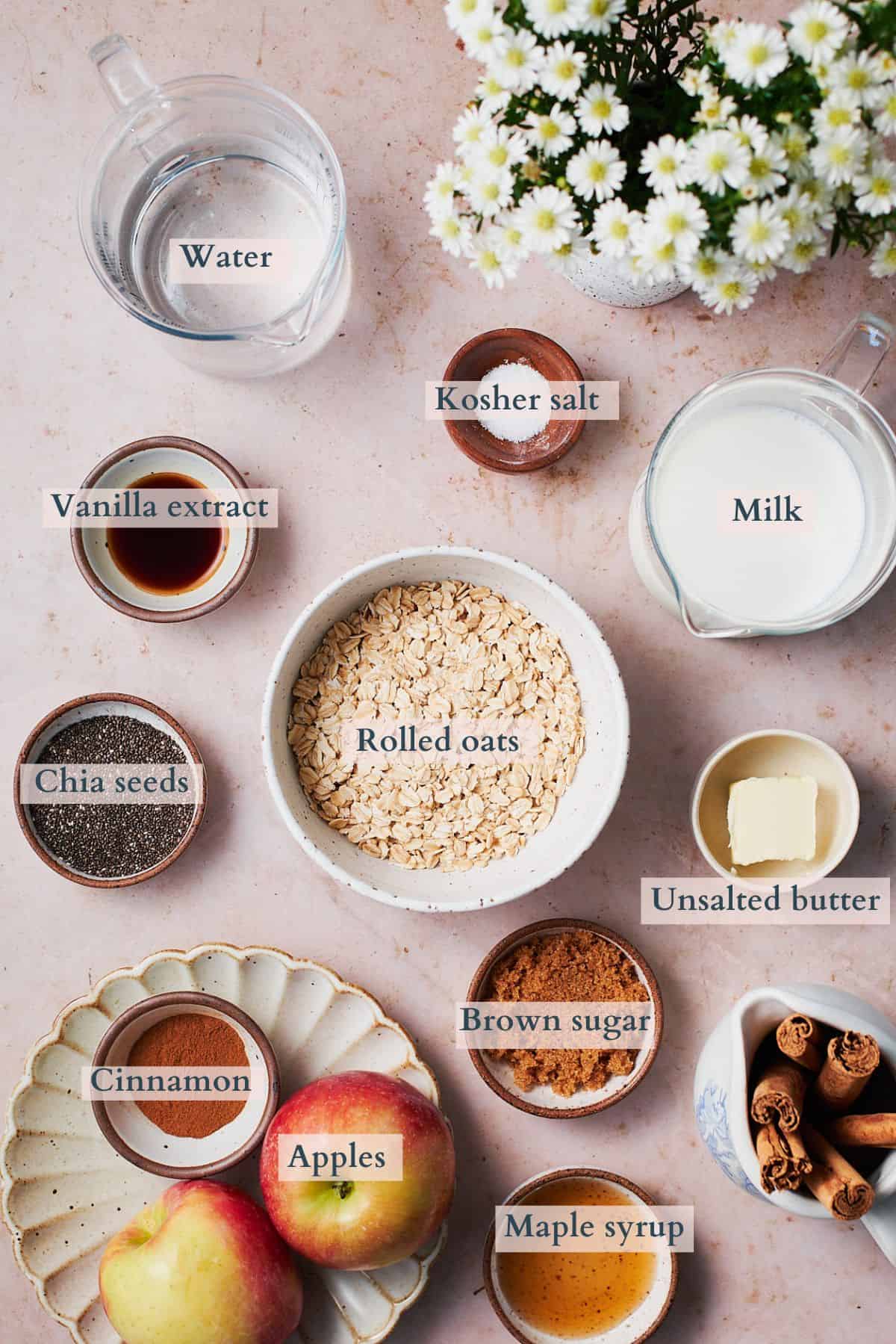 Ingredients to make apple cinnamon oatmeal laid out on a table in bowls and saucers, labeled to denote each ingredient. 