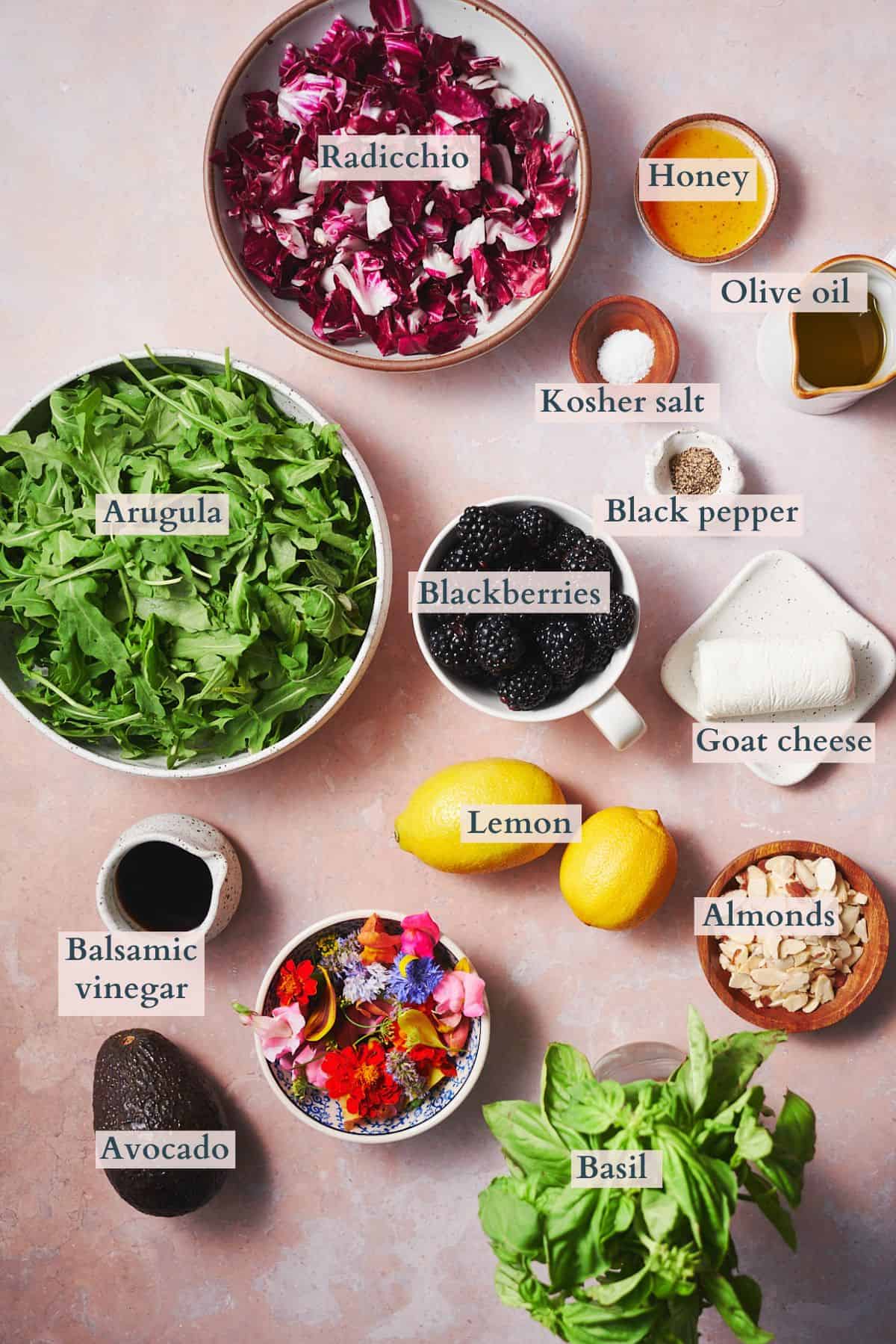 Ingredients to make a blackberry salad laid out in small bowls with text overlaying to denote each ingredient.