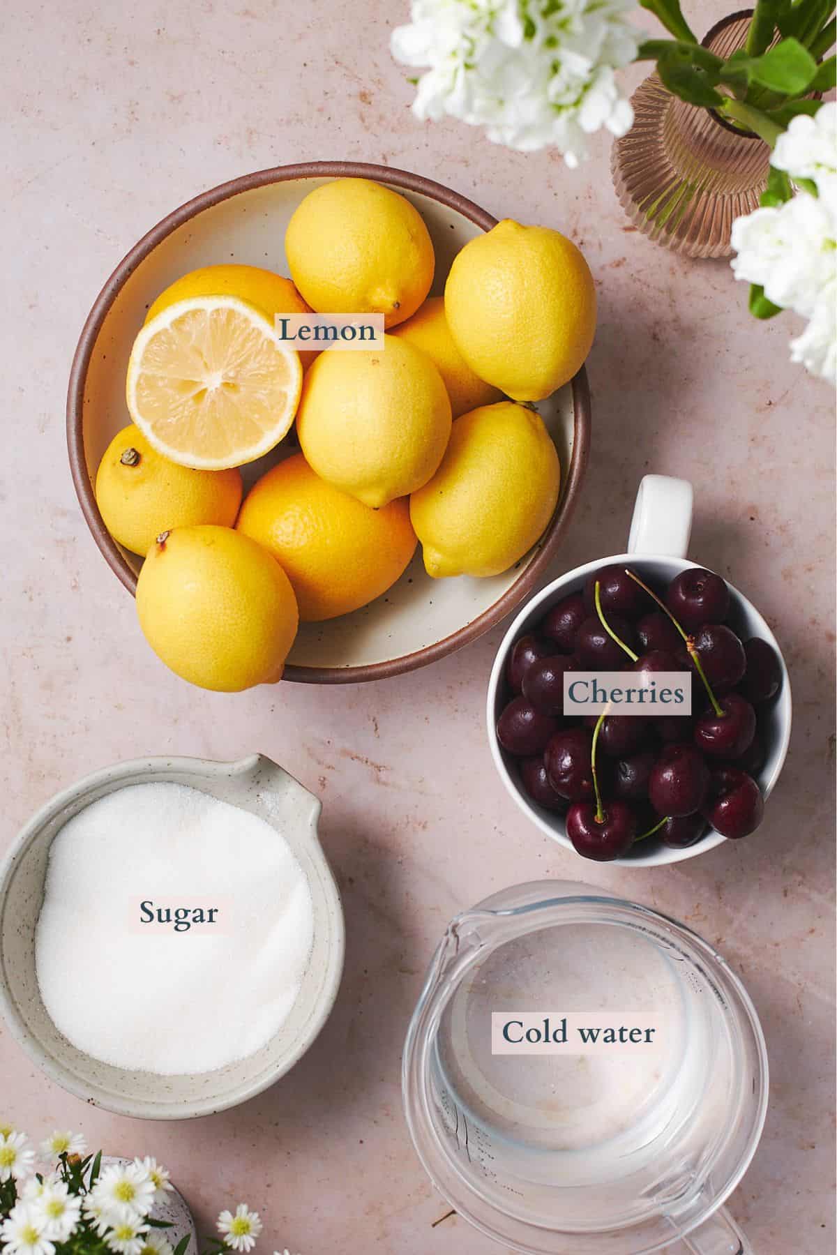 ingredients to make cherry lemonade laid out in small bowls labeled to denote each ingredient. 
