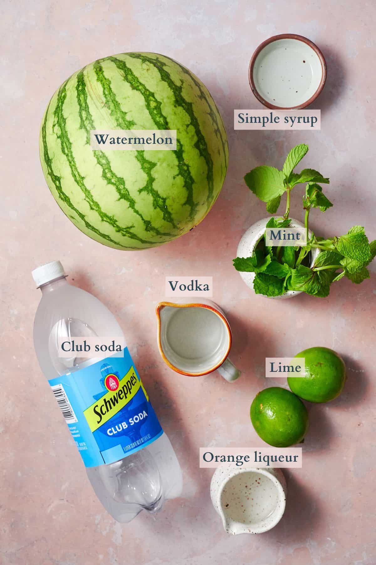 Ingredients to make a watermelon vodka cocktail laid out with text overlaying to denote each ingredient.