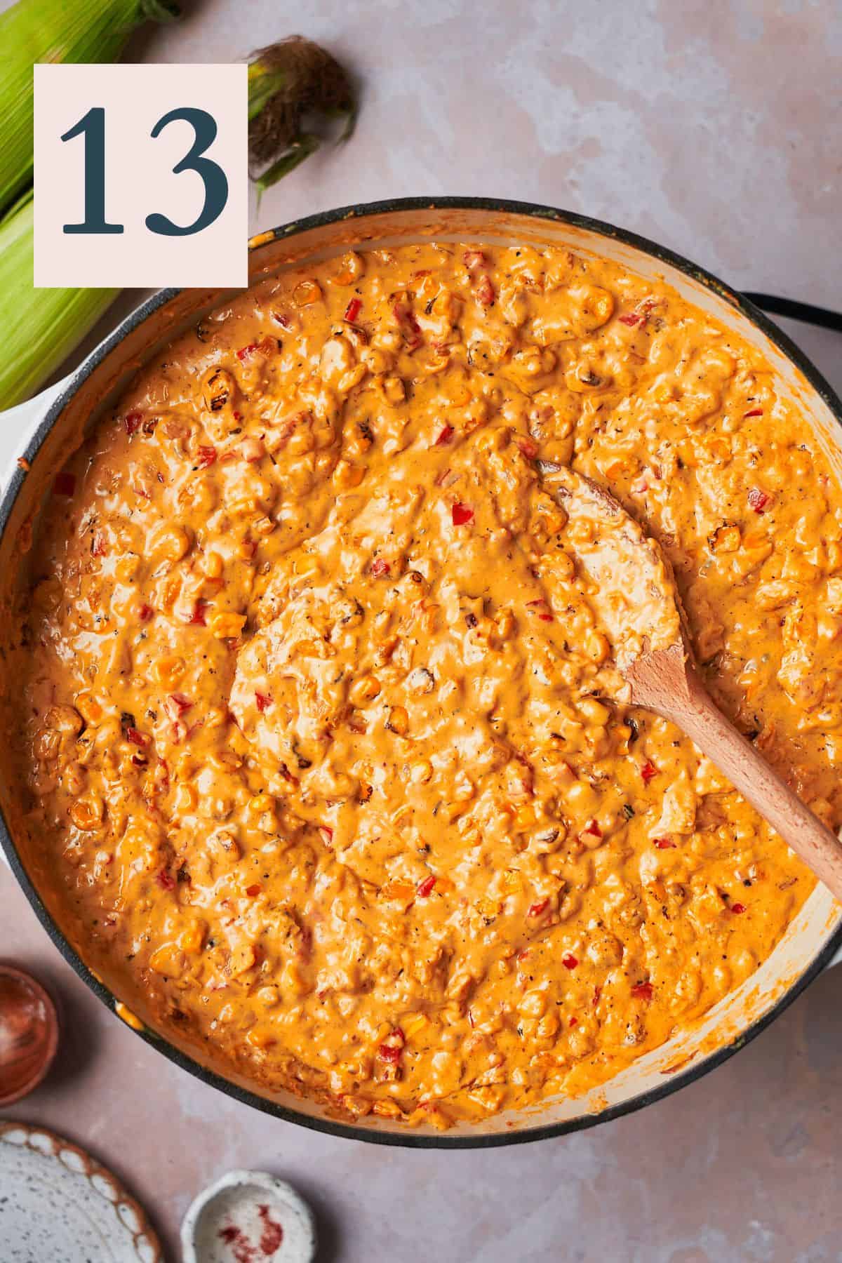 creamy and smooth corn dip in a skillet. 