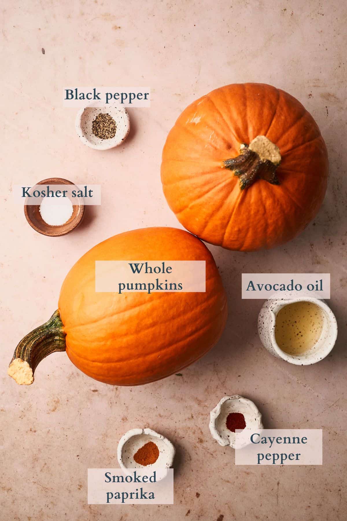 Air fryer pumpkin seeds ingredients, seasonings, and oil on top of a warm brown background.