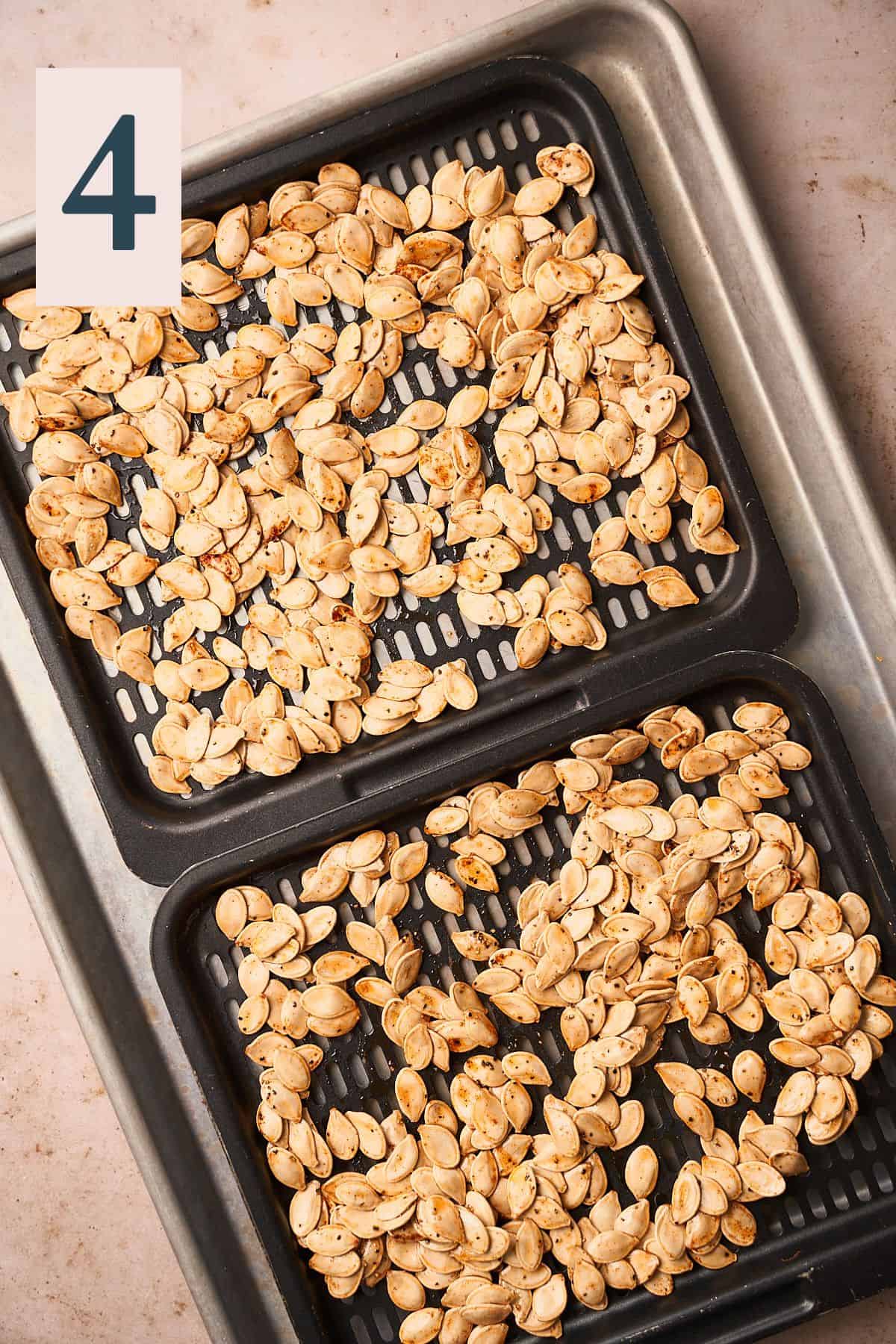 Seeds placed on air fryer tray to roast and become flavorful.