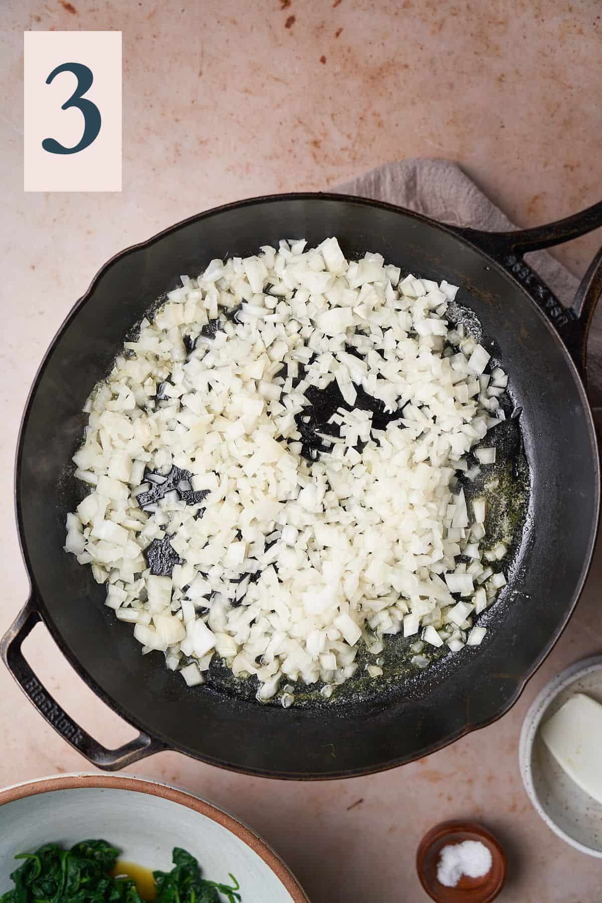 raw onion in a hot skillet. 