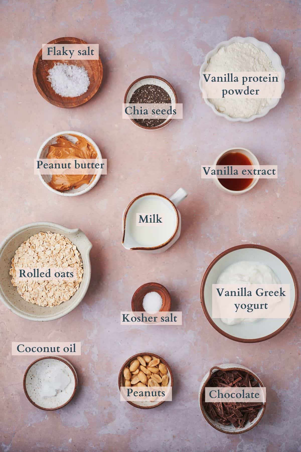 Ingredients to make overnight oats laid out on a table and labeled to denote each ingredient. 