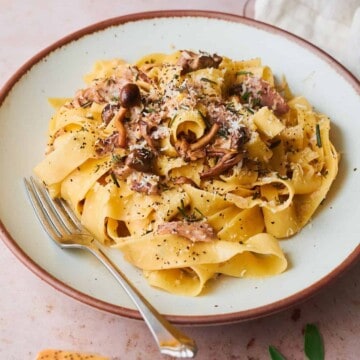 duck pasta on pappardelle pasta with wild mushrooms.
