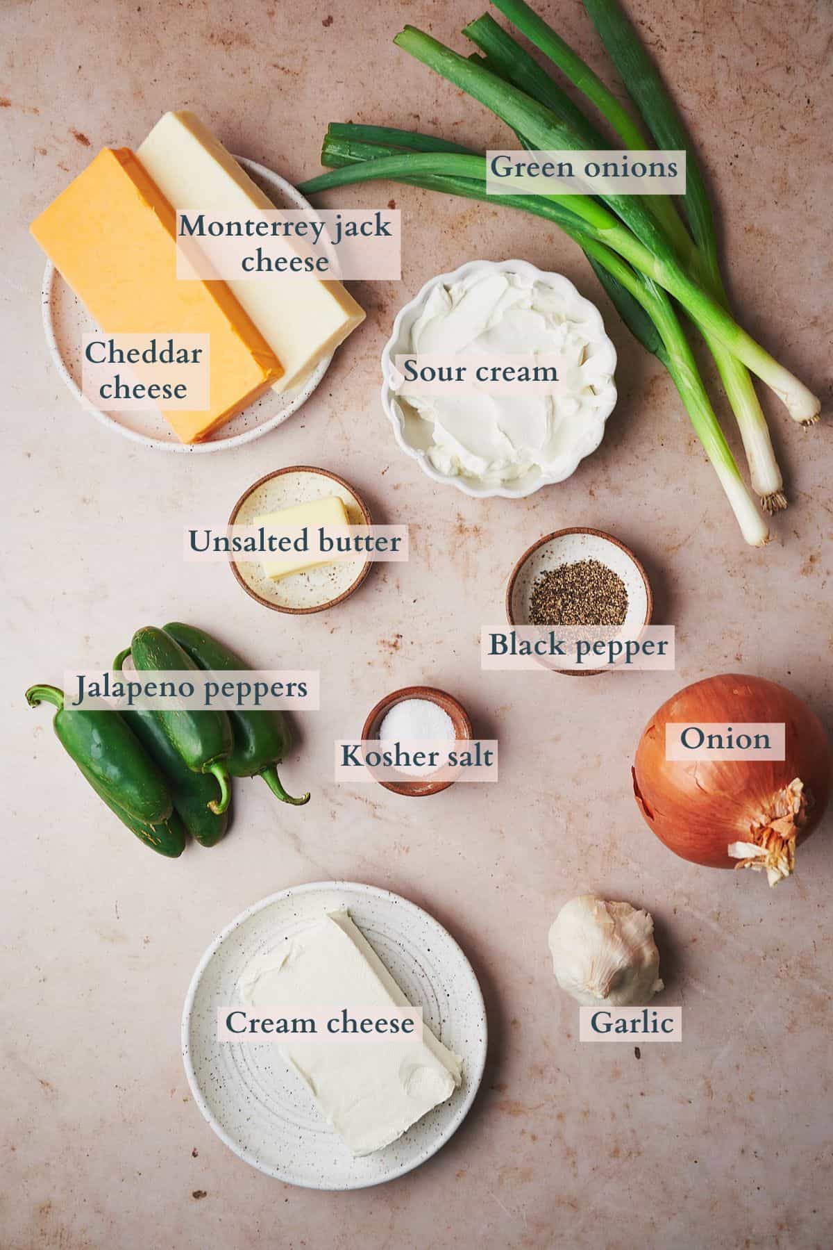 Ingredients to make jalapeno dip laid out on a table in small bowls and labeled to denote each ingredient. 