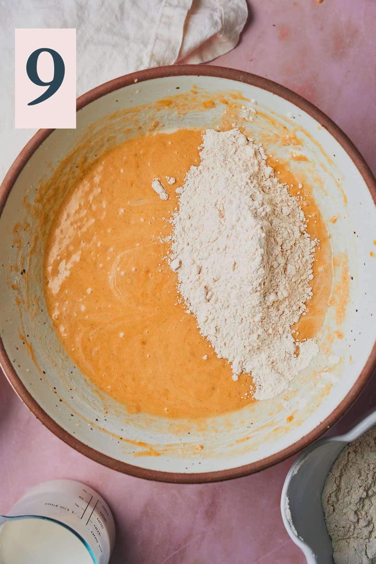 dry ingredients added to the banana cake batter.